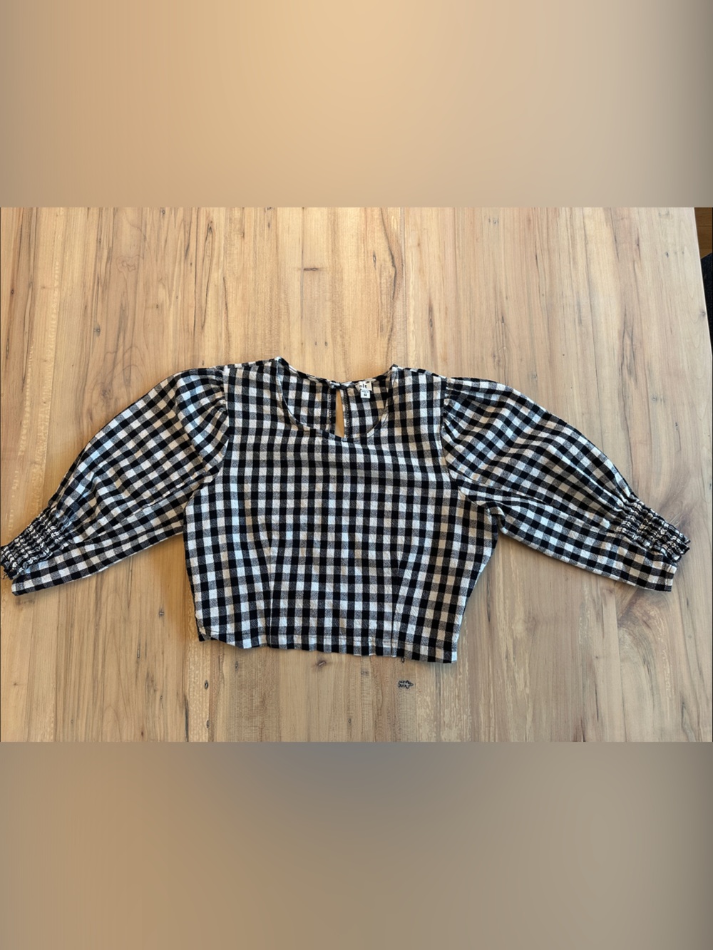 n|t Cotton Gingham Black White 3/4 Sleeve Crop Blouse Black White